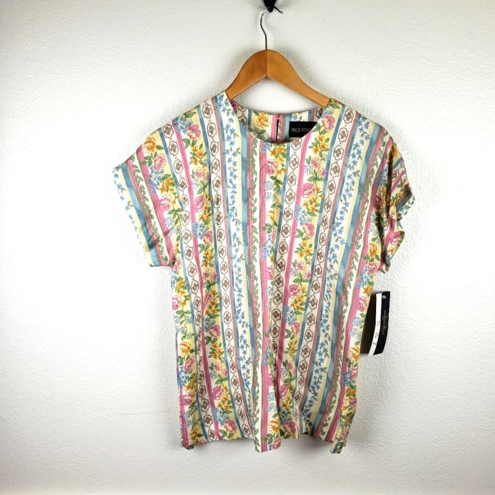 Vintage Requirements NWT Floral Stripe Rayon Blouse Top USA Made 90s Sz S